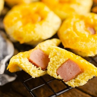 Cheesy Green Chili Mini Corn Dog Muffins on cooling rack
