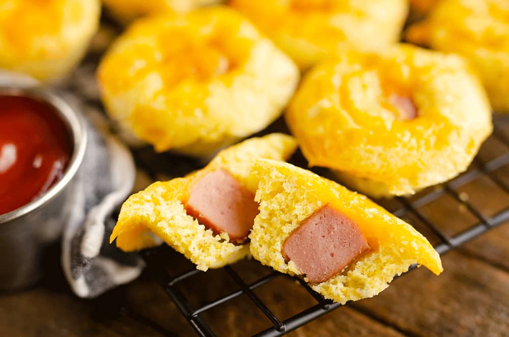 Cheesy Green Chili Mini Corn Dog Muffins on cooling rack