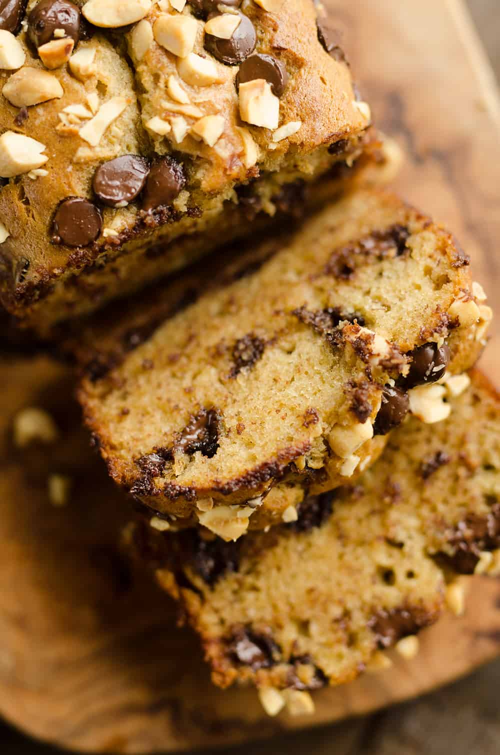 Peanut Butter Chocolate Banana Bread slice with melted chocolate