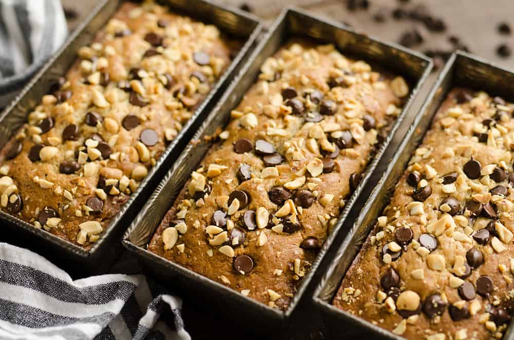 Peanut Butter Chocolate Banana Bread 3 loaf pans