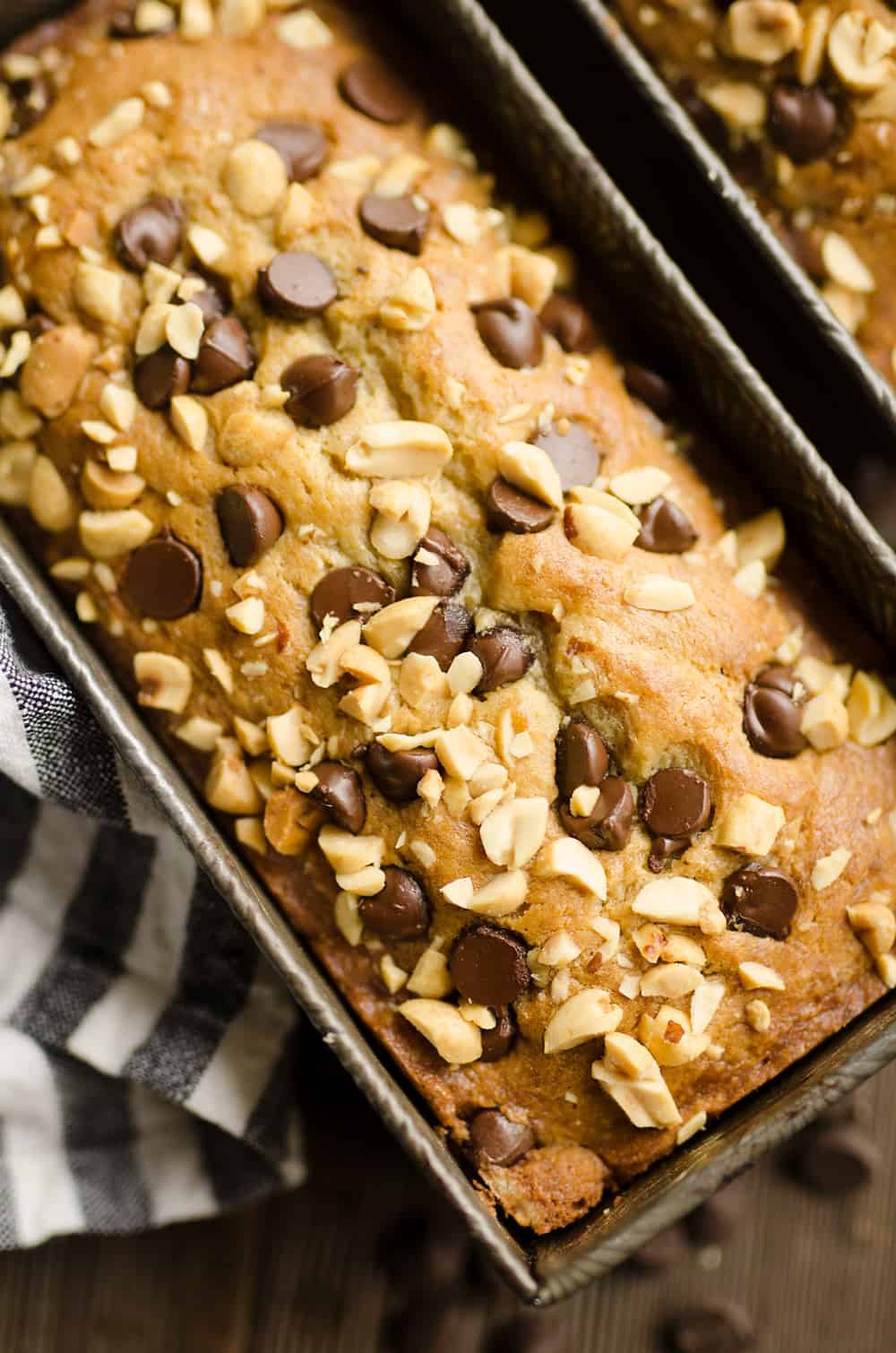 Peanut Butter Chocolate Banana Bread topped with salted peanuts