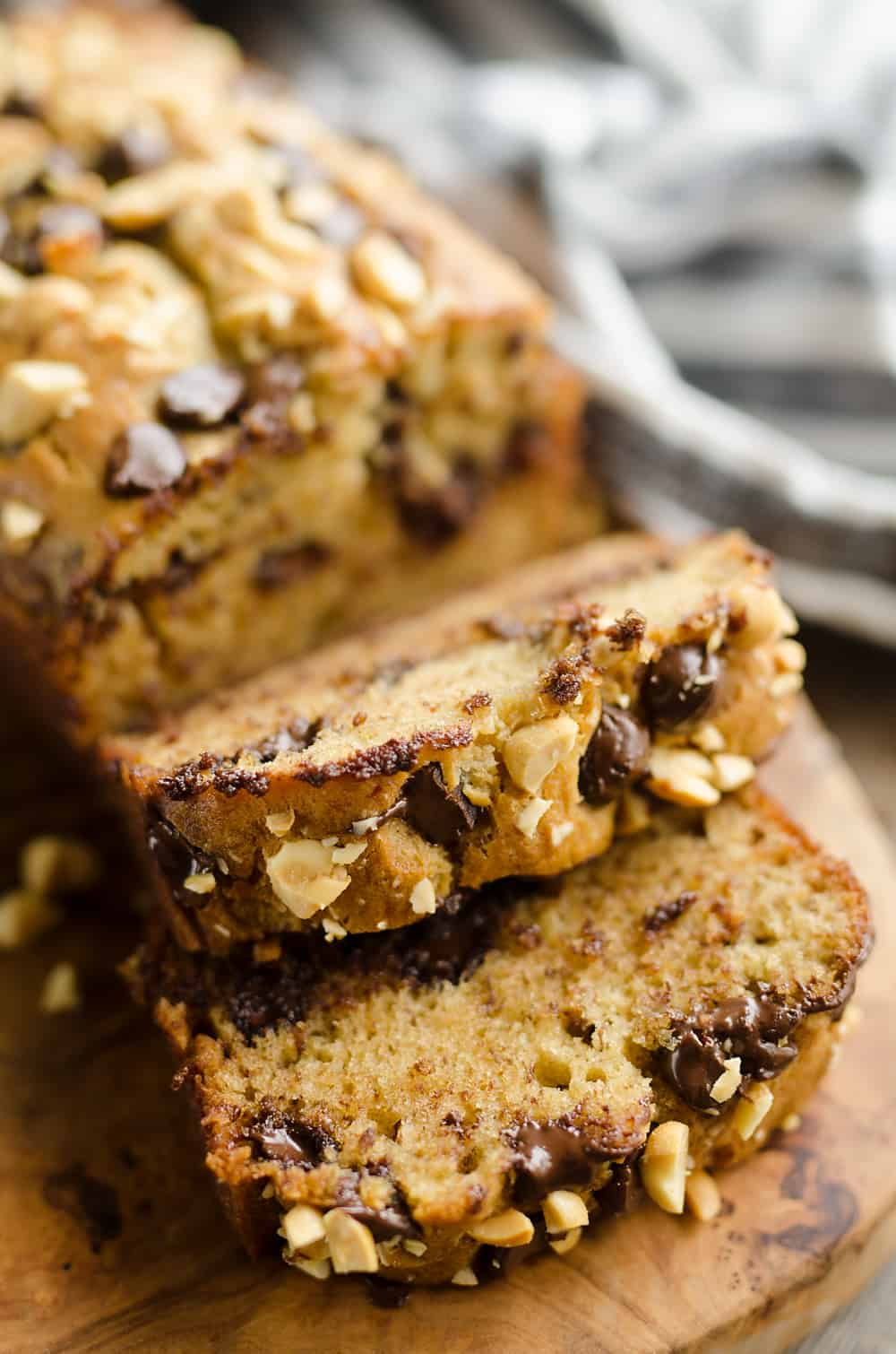 Peanut Butter Chocolate Banana Bread sliced for serving