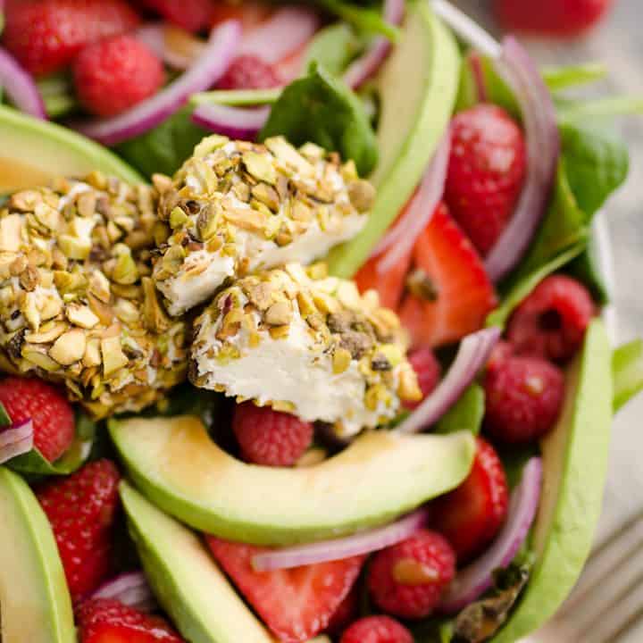Pistachio Crusted Goat Cheese Berry Salad served