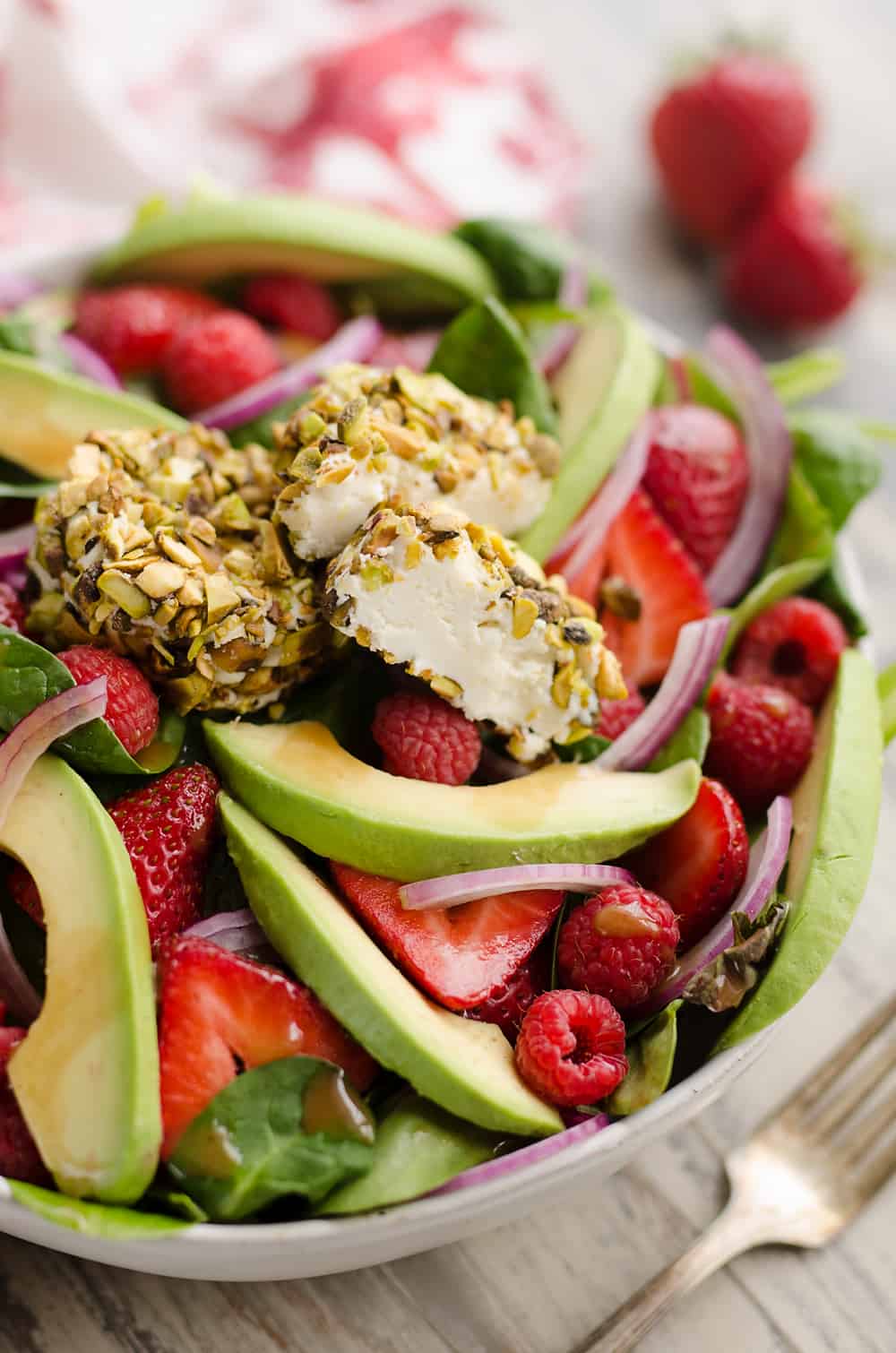 Pistachio Crusted Goat Cheese Berry Salad serving