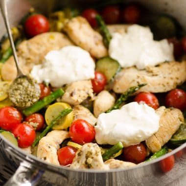 Summer Pesto Chicken & Vegetable Skillet served