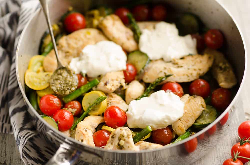 Summer Pesto Chicken & Vegetable Skillet served