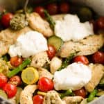 Summer Pesto Chicken & Vegetable Skillet in pan