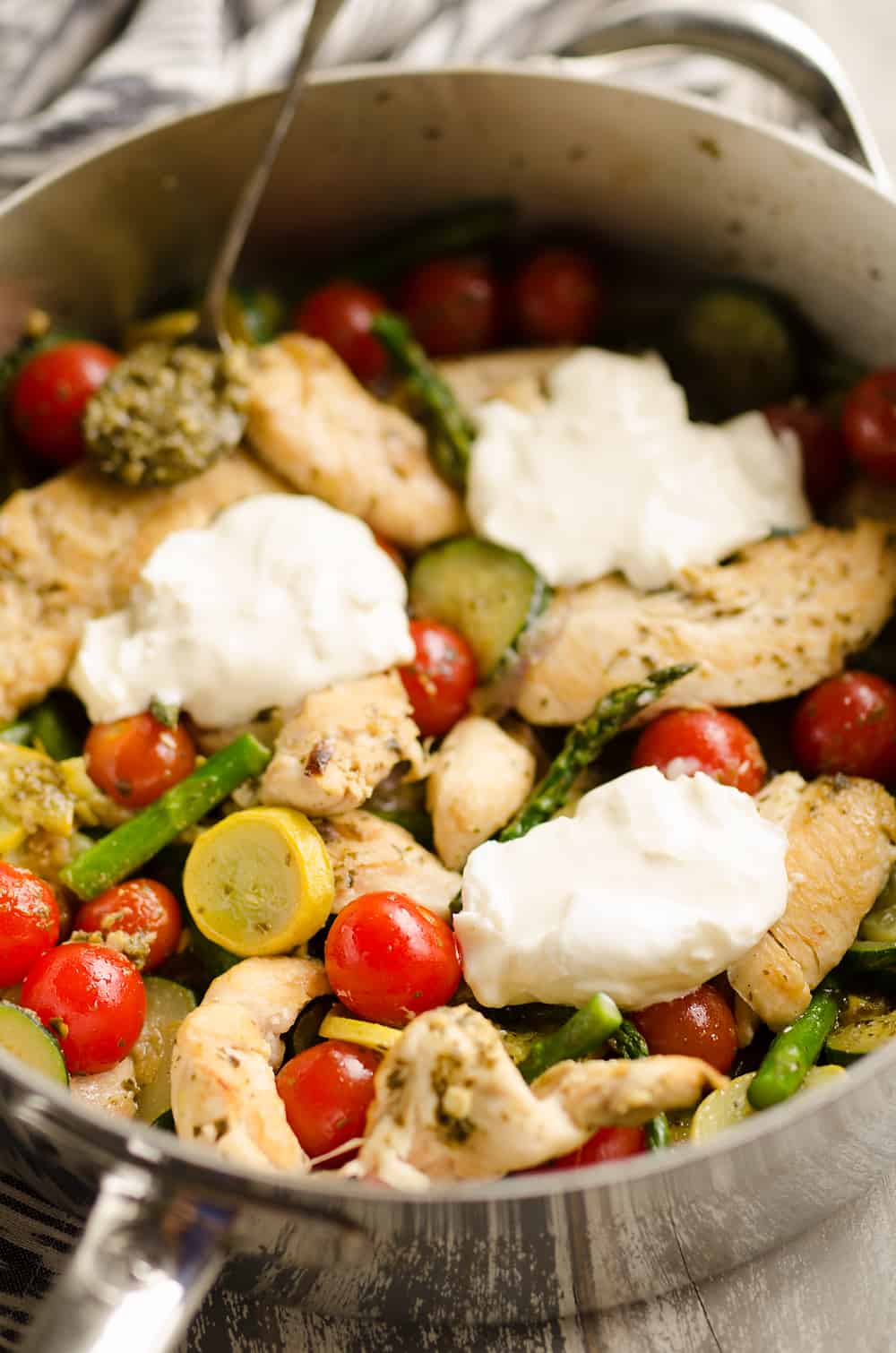 Summer Pesto Chicken & Vegetable Skillet in pan