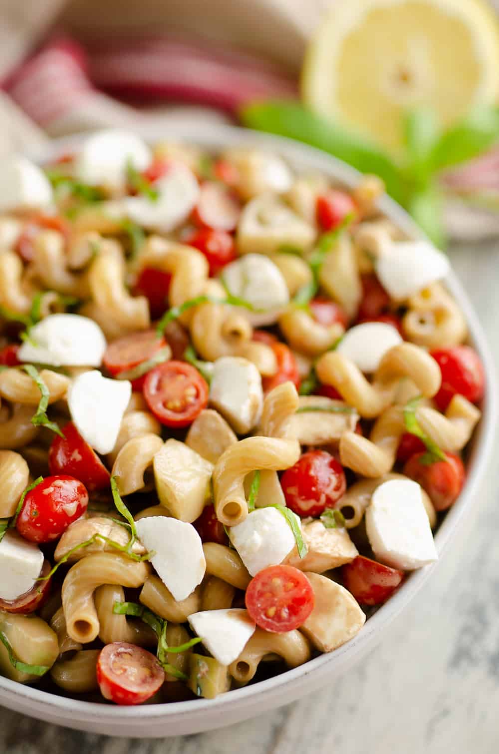 Balsamic Caprese Pasta Salad in large bowl