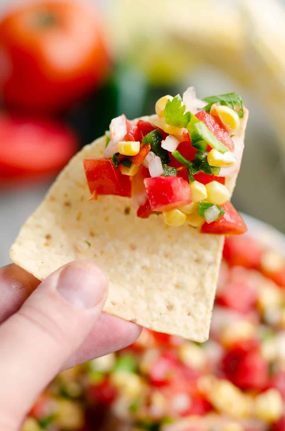 Garden Fresh Sweet Corn Salsa on a corn tortilla chip