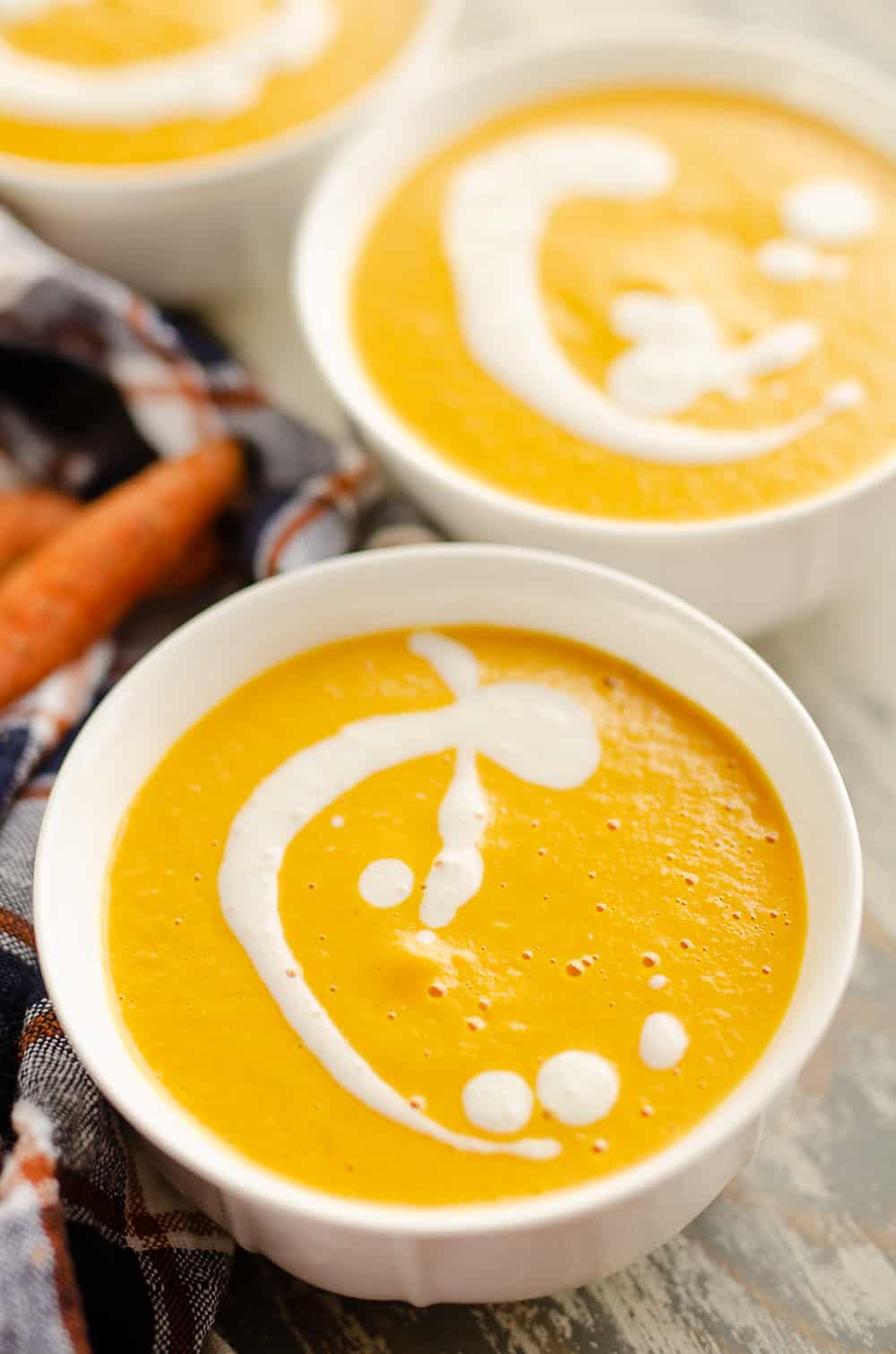 Pressure Cooker Creamy Carrot Soup in bowls