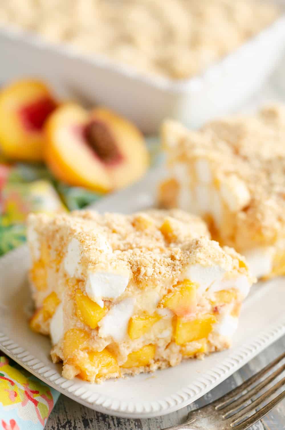 Marshmallow Peach Icebox Dessert piece of dessert