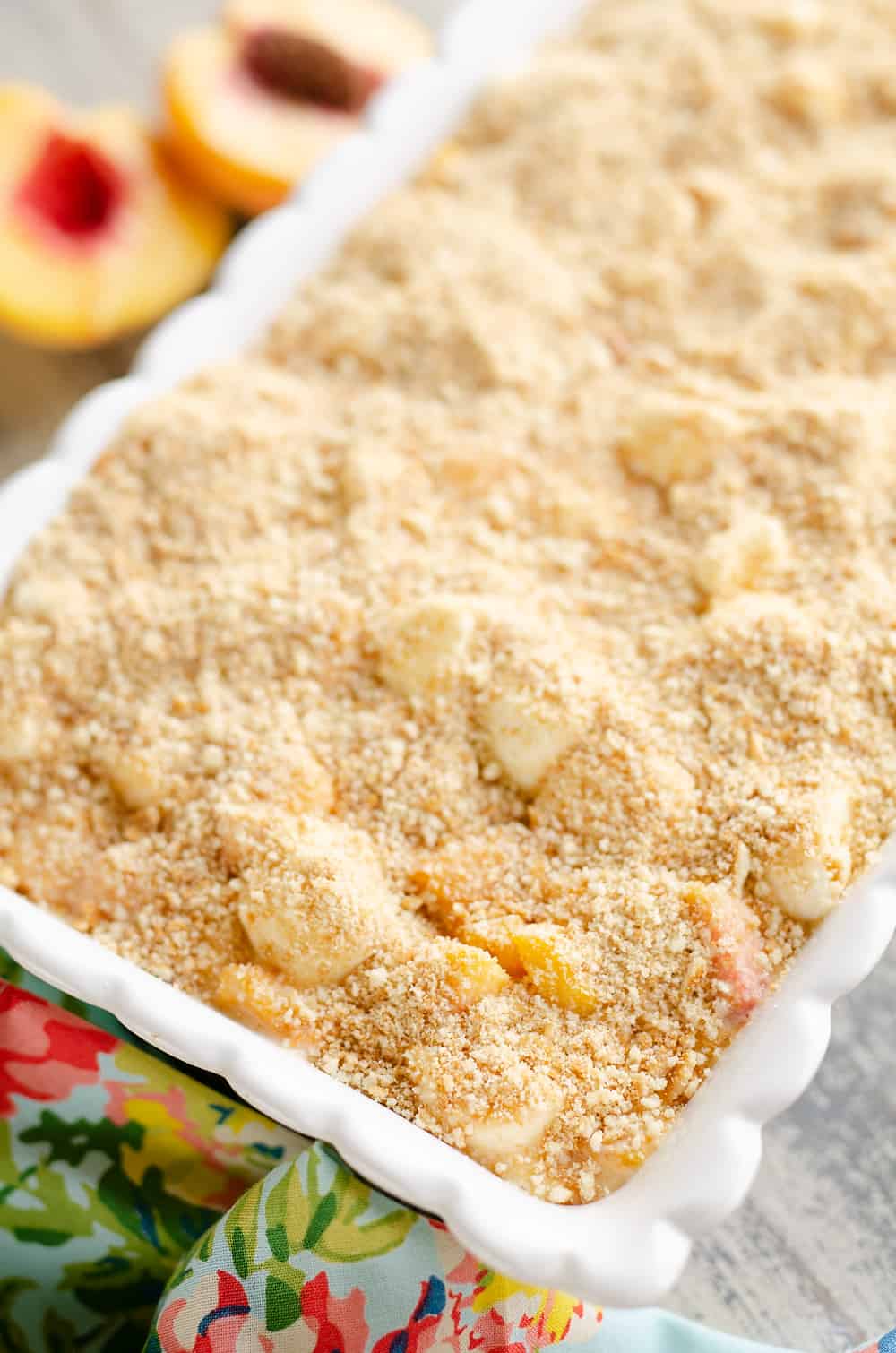 Marshmallow Peach Icebox Dessert in serving pan