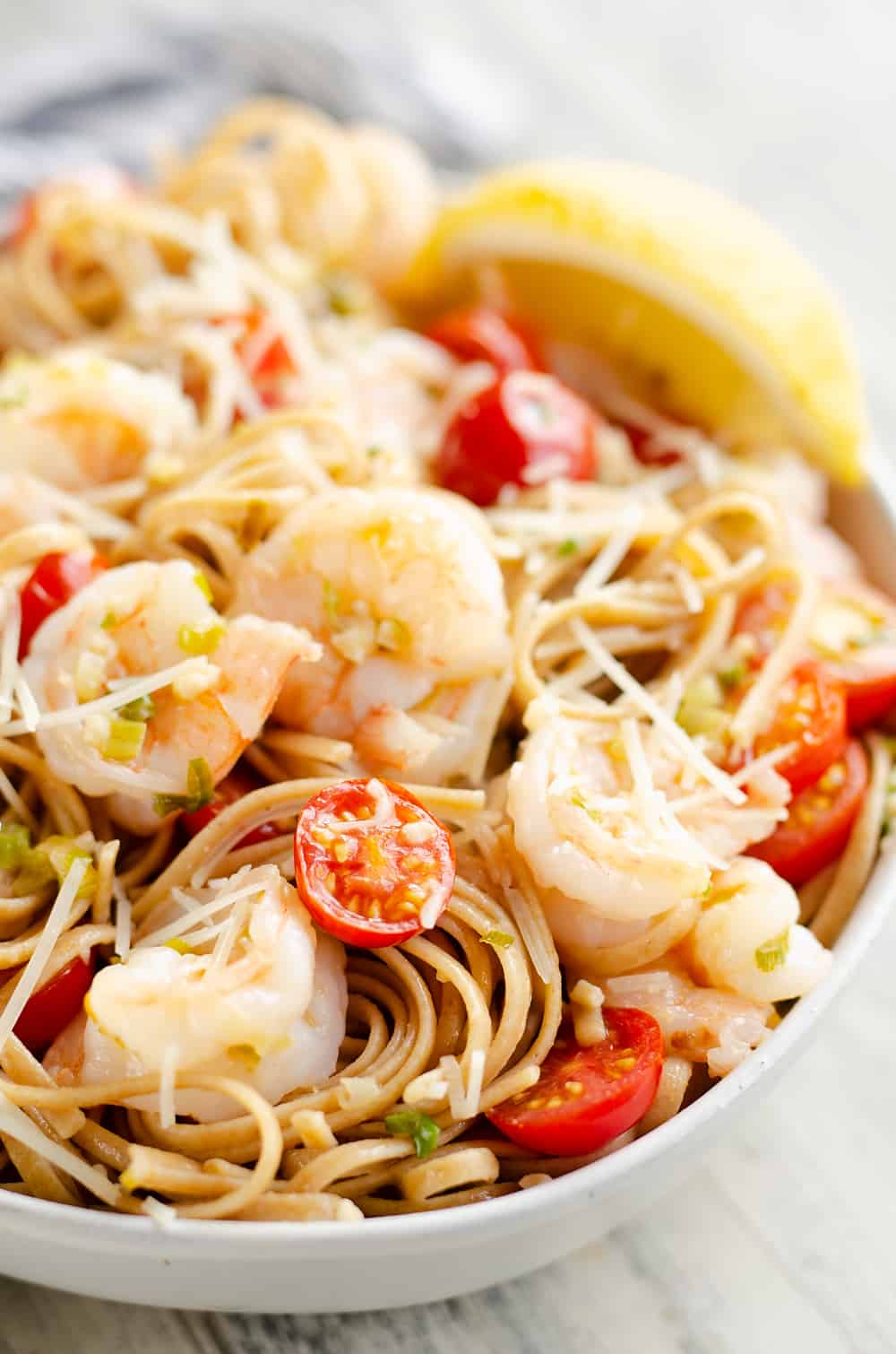 Parmesan Lemon Shrimp Linguine in serving bowl