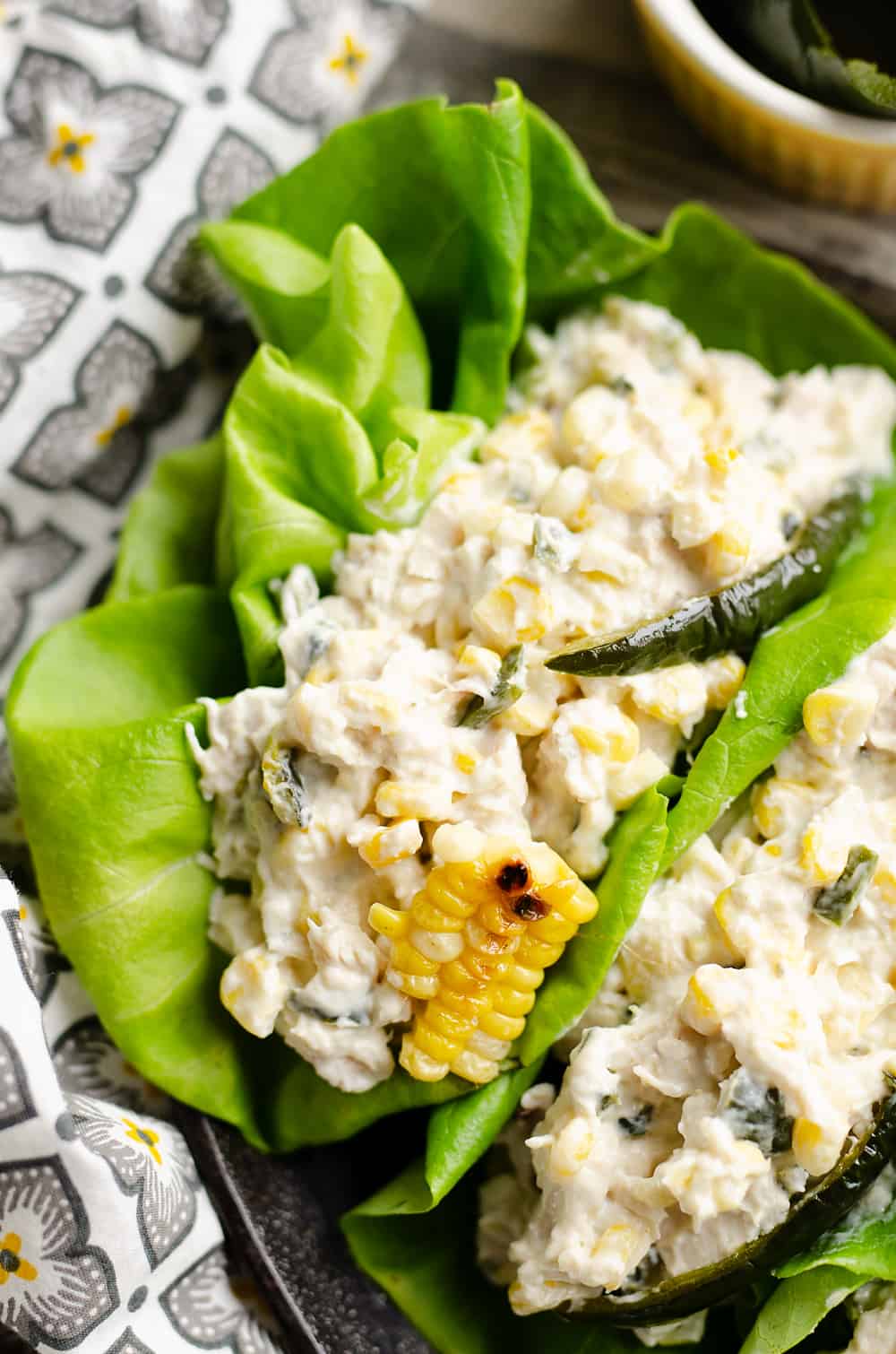 Roasted Poblano & Sweet Corn Chicken Salad lettuce wraps