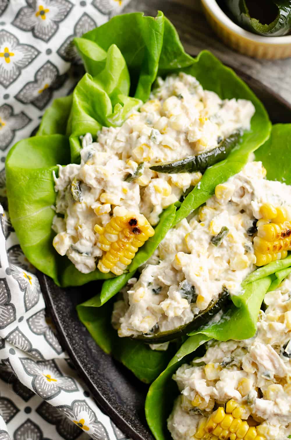 Roasted Poblano & Sweet Corn Chicken Salad served on skillet