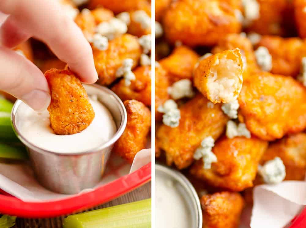 Airfryer Buffalo Cauliflower Tots dipping in ranch sauce