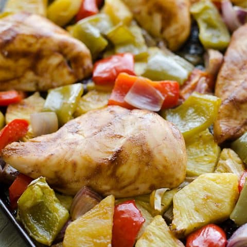 Hawaiian BBQ Chicken Sheet Pan Dinner on baking sheet