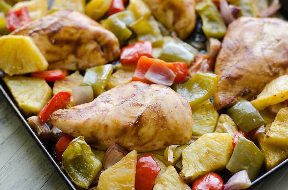 Hawaiian BBQ Chicken Sheet Pan Dinner on baking sheet