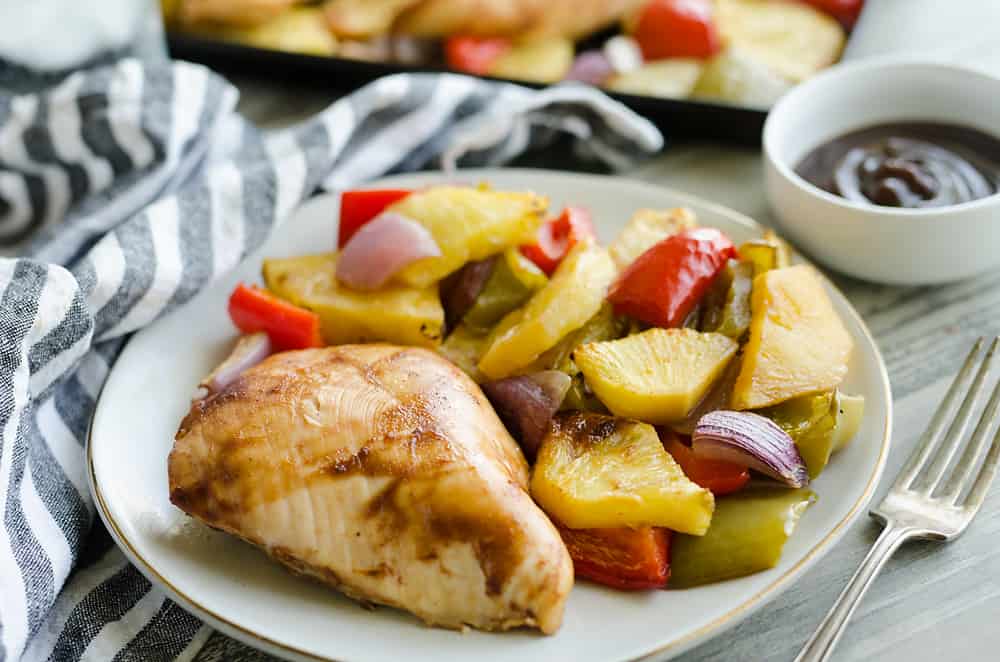 Hawaiian BBQ Chicken Sheet Pan Dinner served on plate