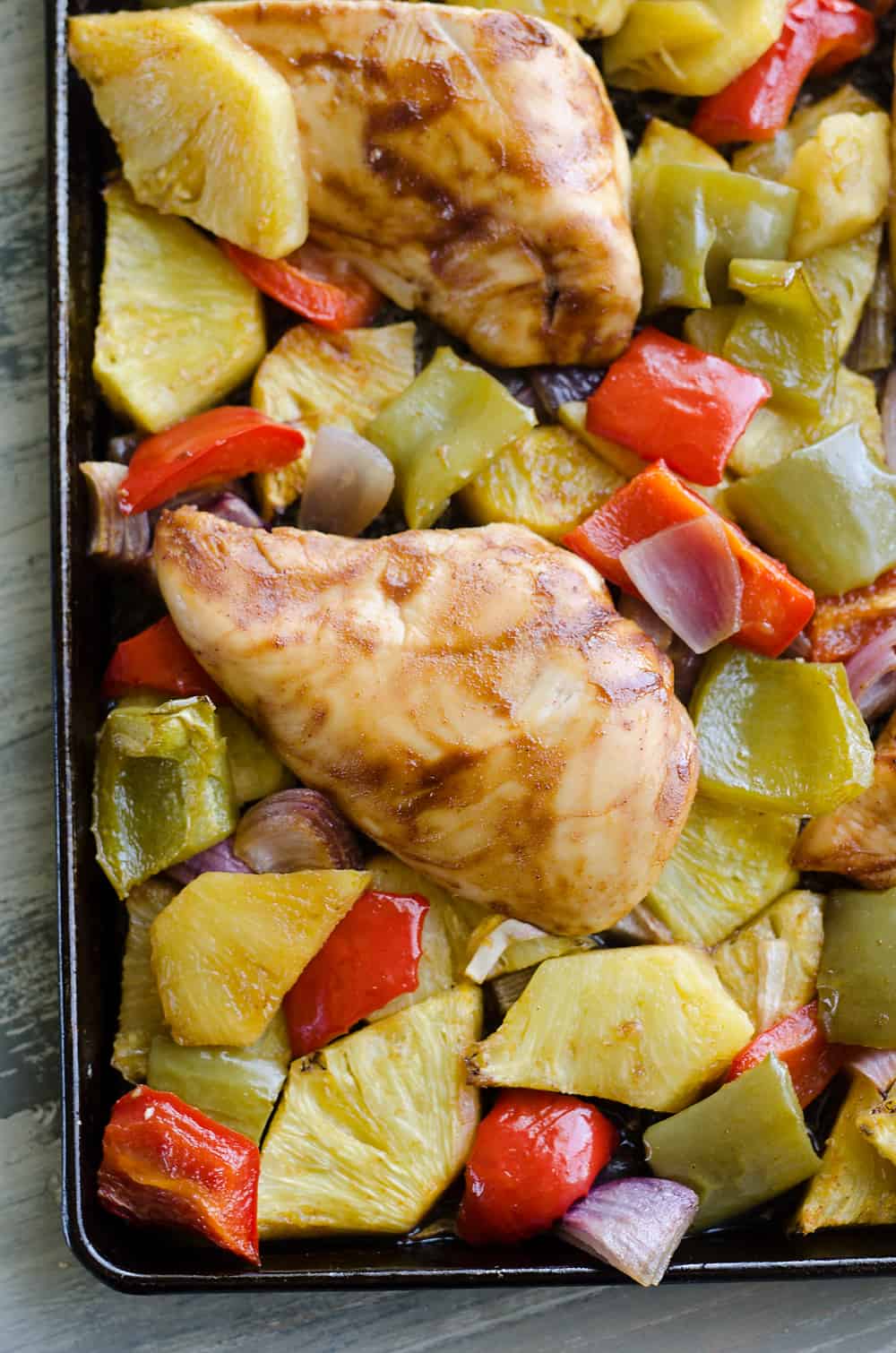 Hawaiian BBQ Chicken Sheet Pan Dinner baked on pan