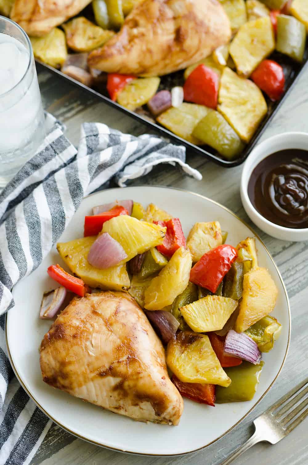 Hawaiian BBQ Chicken Sheet Pan Dinner serving for dinner