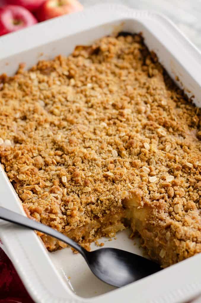 Peanut Butter Apple Crisp baked in pan