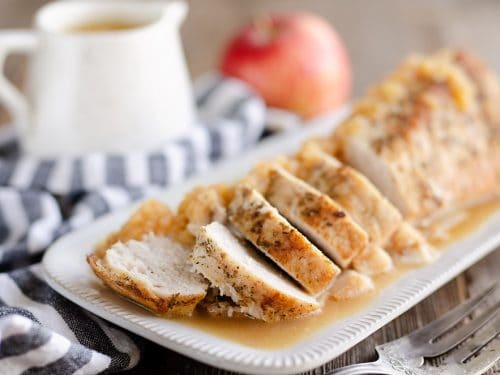 Pressure Cooker Pork Loin with Bourbon Apple Sauce in Instant Pot served on the table