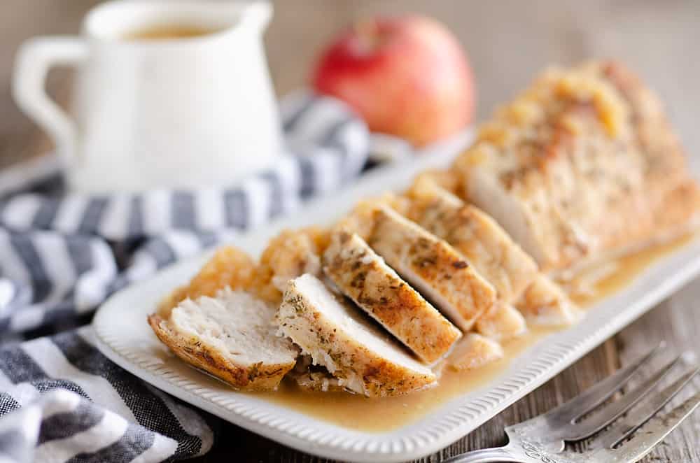 Pressure Cooker Pork Loin with Bourbon Apple Sauce in Instant Pot served on the table