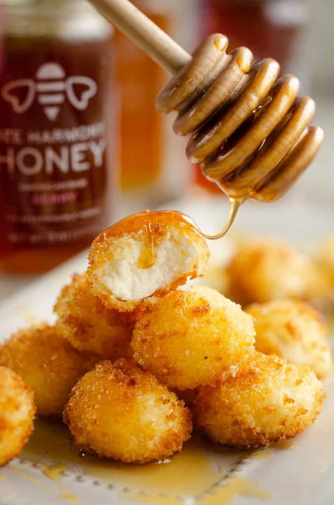 Airfryer Honey Goat Cheese Balls with drizzle of Beesponsible raw honey 