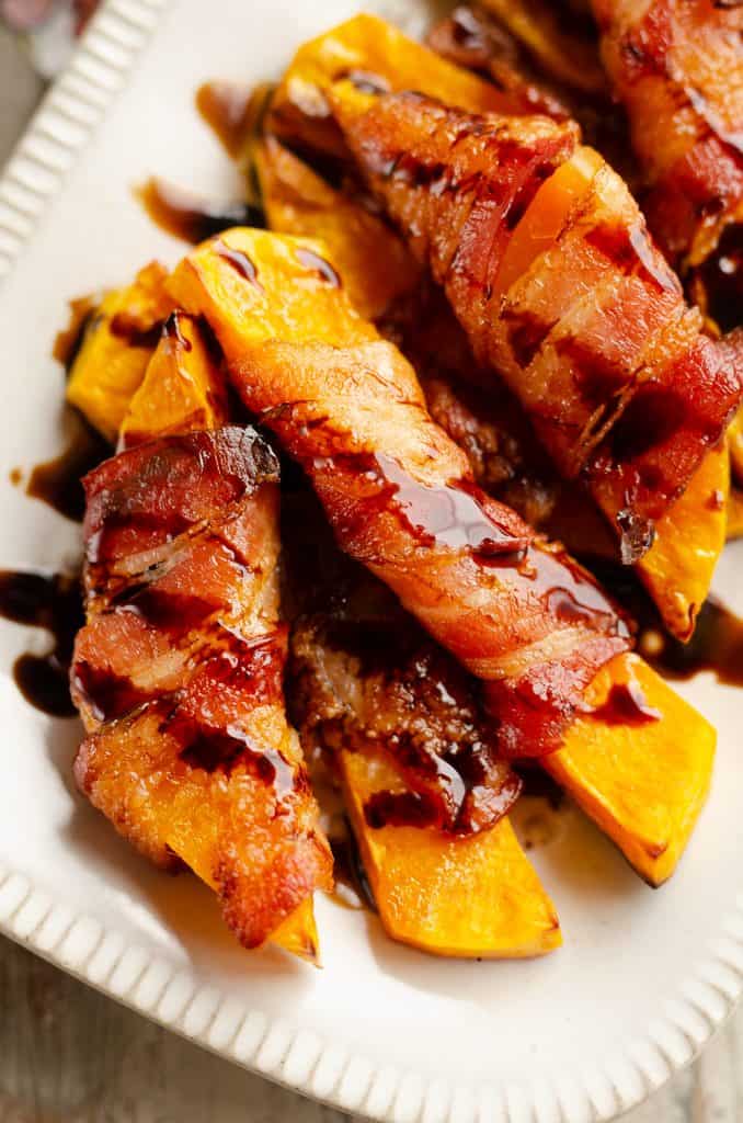 Balsamic Glazed Bacon Wrapped Squash drizzled with glaze