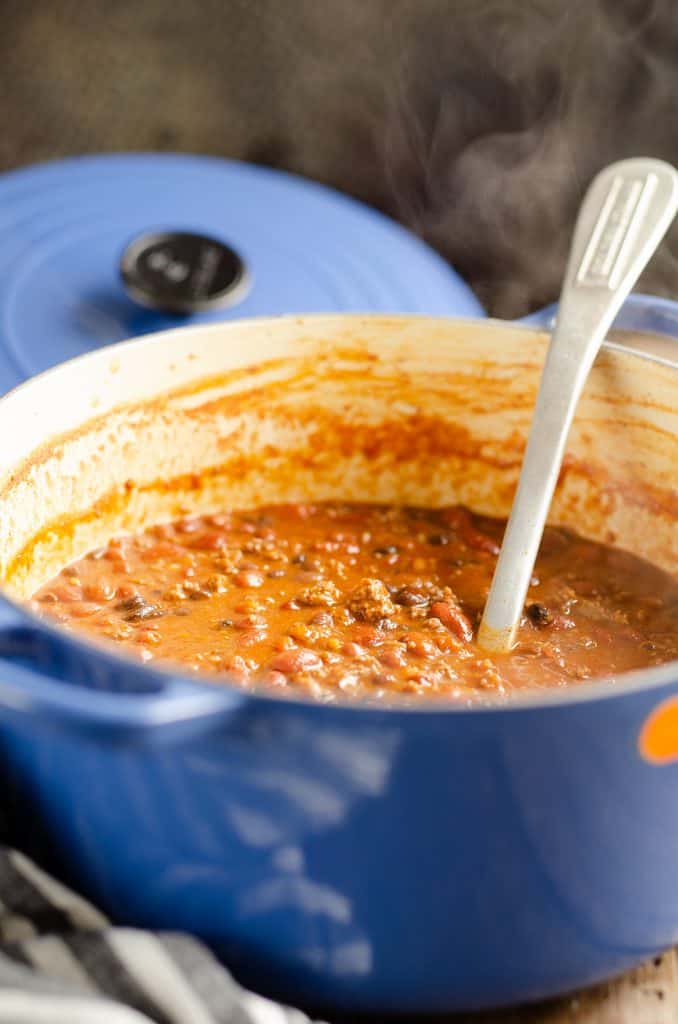 Bison Three Bean Chili in Le Creuset dutch oven