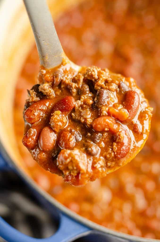 Bison Three Bean Chili being served with spoon