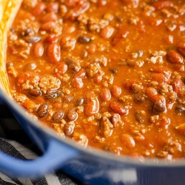 Bison Three Bean Chili in dutch oven