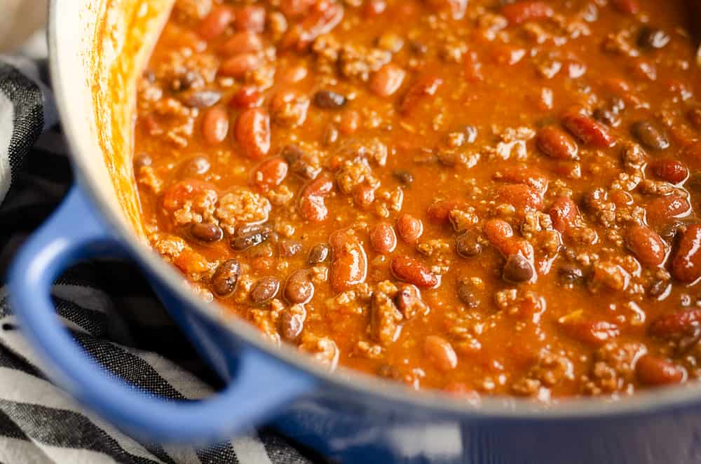 Bison Three Bean Chili in dutch oven