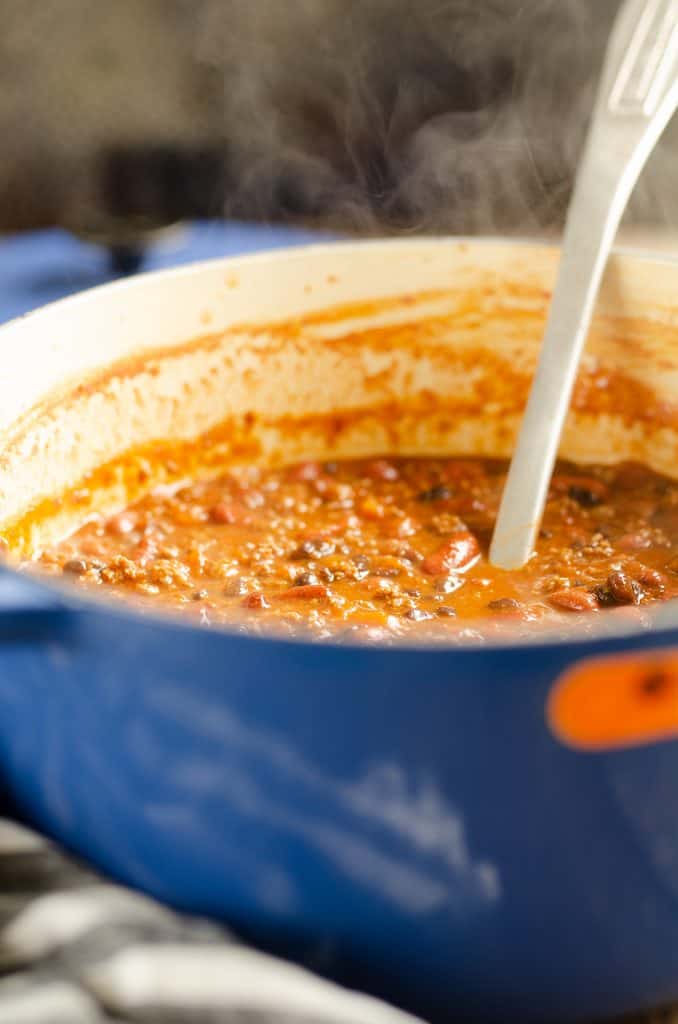 Bison Three Bean Chili served with ladle