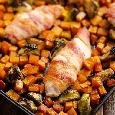 Bacon Wrapped Chicken Tenders with squash and brussels sprouts