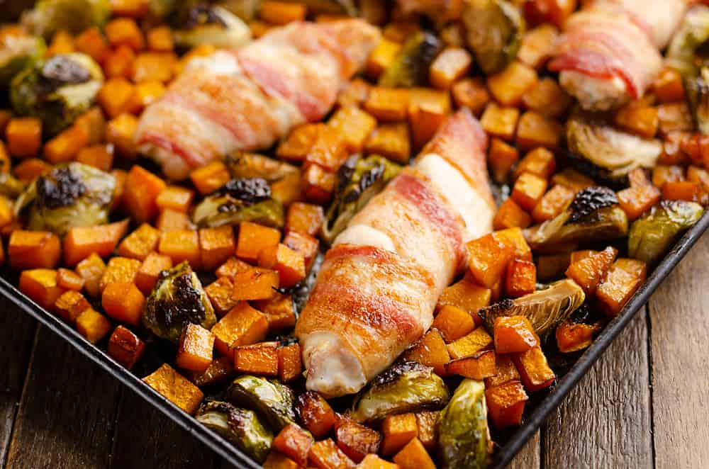 Bacon Wrapped Chicken Tenders with squash and brussels sprouts