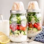 Creamy Greek Chicken Salad in a Jar with dressing