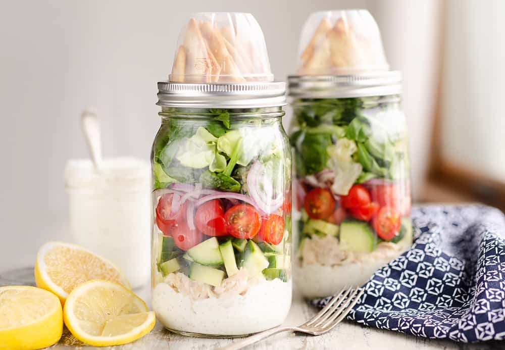 Creamy Greek Chicken Salad in a Jar with dressing