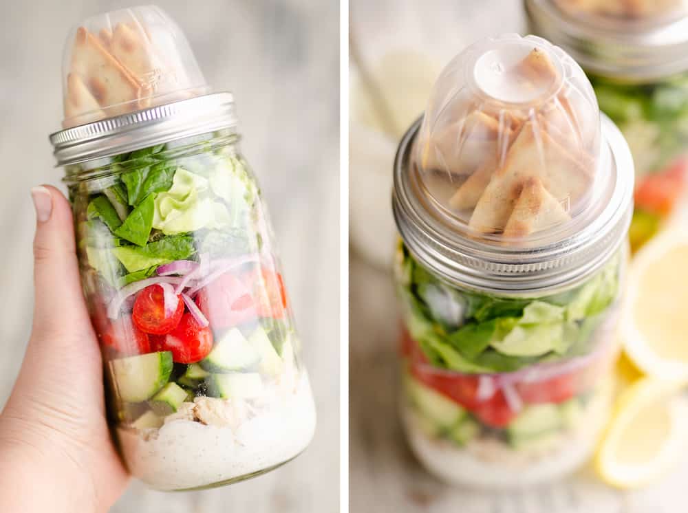 Creamy Greek Chicken Salad in a Jar held in hand