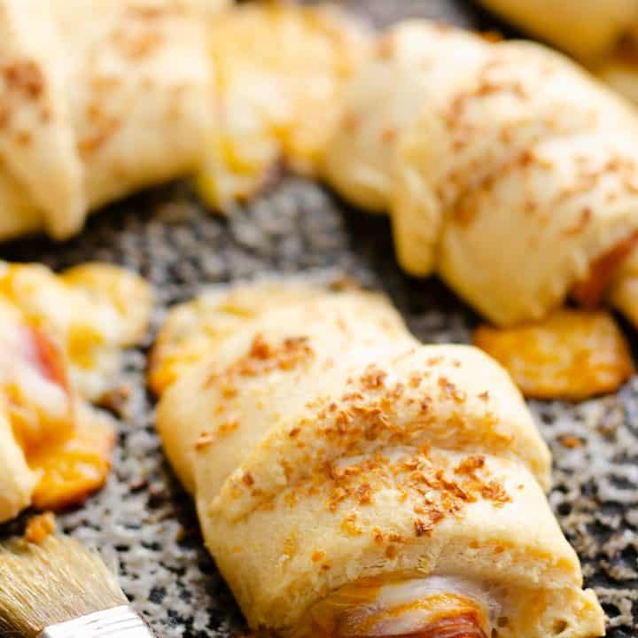 Hot Ham & Cheese Roll Ups on baking pan