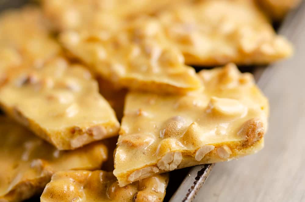 Microwave peanut brittle served on pan