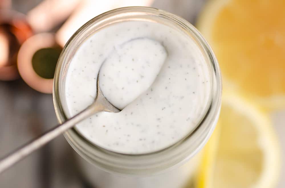 Light & Creamy Feta Dill Salad Dressing spoonful