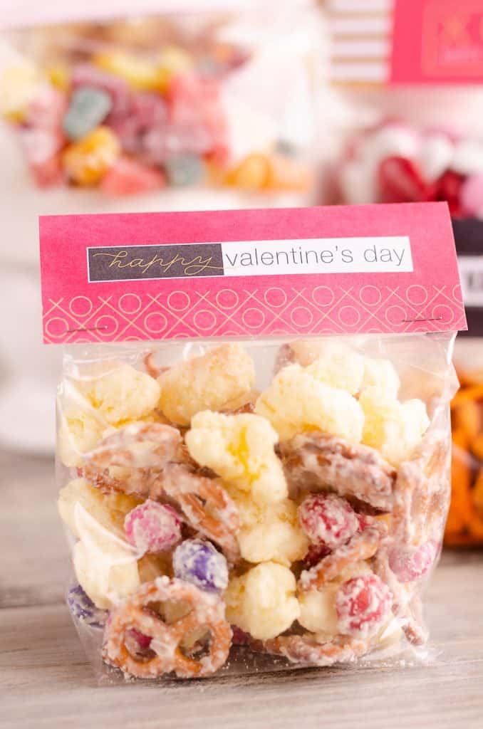 Free Printable Valentine Treat Bag Toppers filled with snack mix