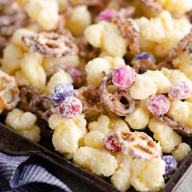 Sweet & Salty Puffcorn Snack Mix in sheet pan