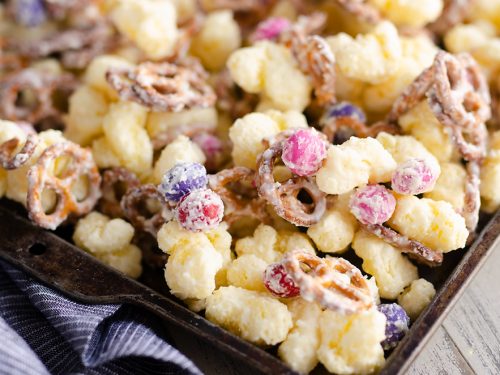 Sweet & Salty Puffcorn Snack Mix in sheet pan