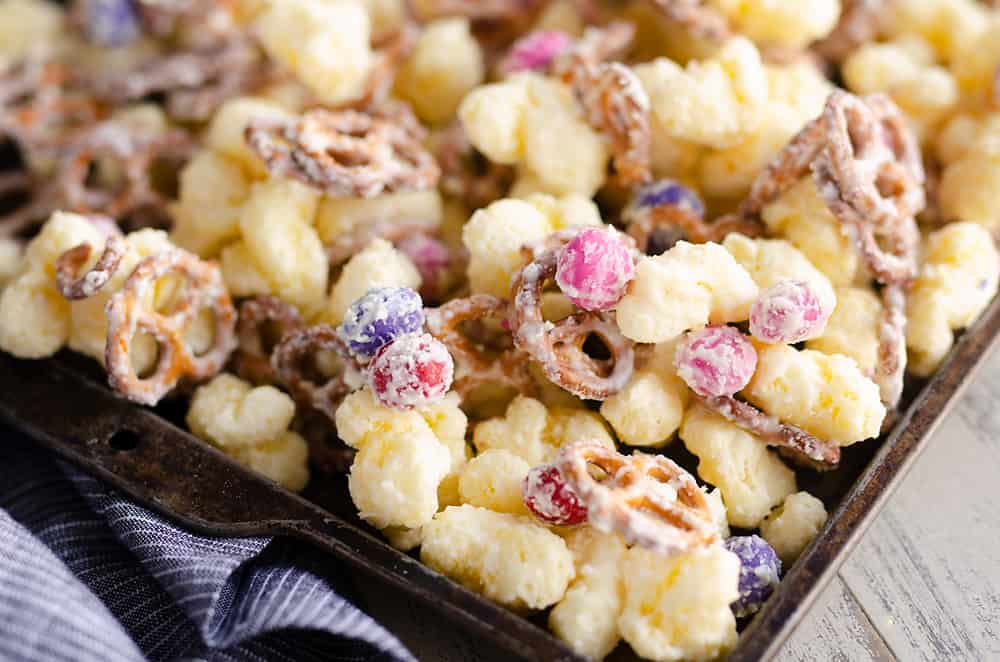 Sweet & Salty Puffcorn Snack Mix in sheet pan