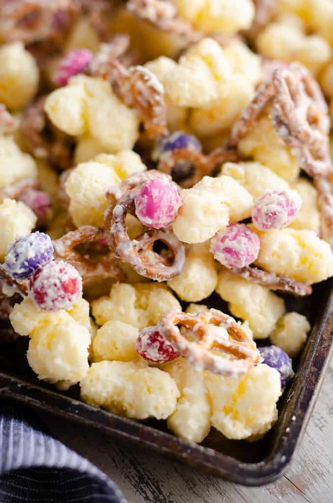 Sweet & Salty Puffcorn Snack Mix cooled on pan