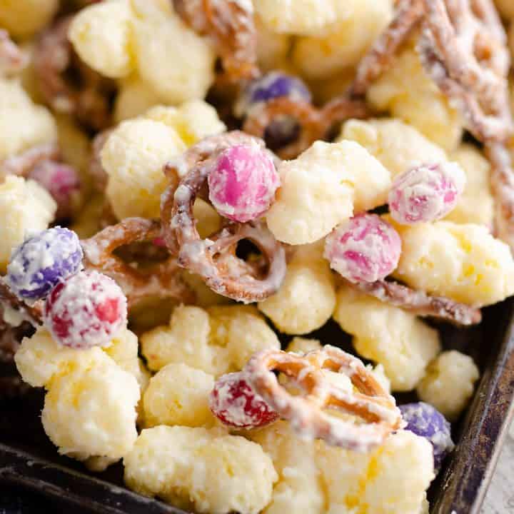 Sweet & Salty Puffcorn Snack Mix cooled on pan